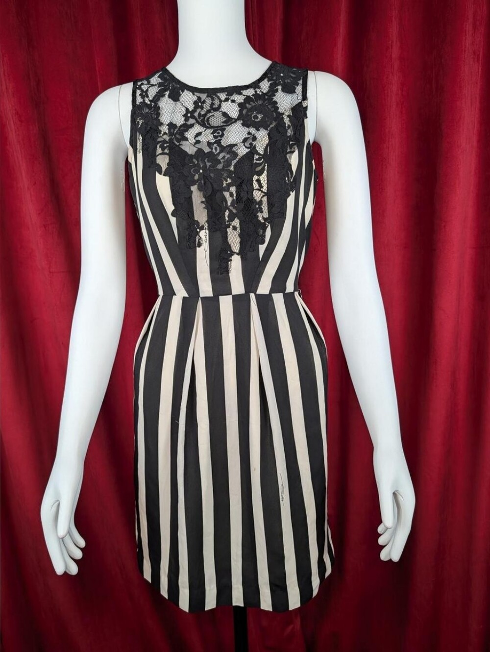 Guess Los Angeles Black & White Vertical Striped Floral Lace Trim Mini Dress